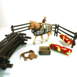 Schleich Horse Playset With Rider Plaid Blanket Fencing Feed & Flower Boxes
